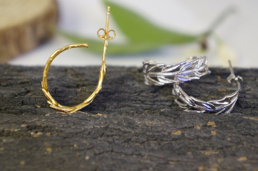Gold Hoop Earrings – 14K Gold Plated Hoops with Real Leaf Botanical