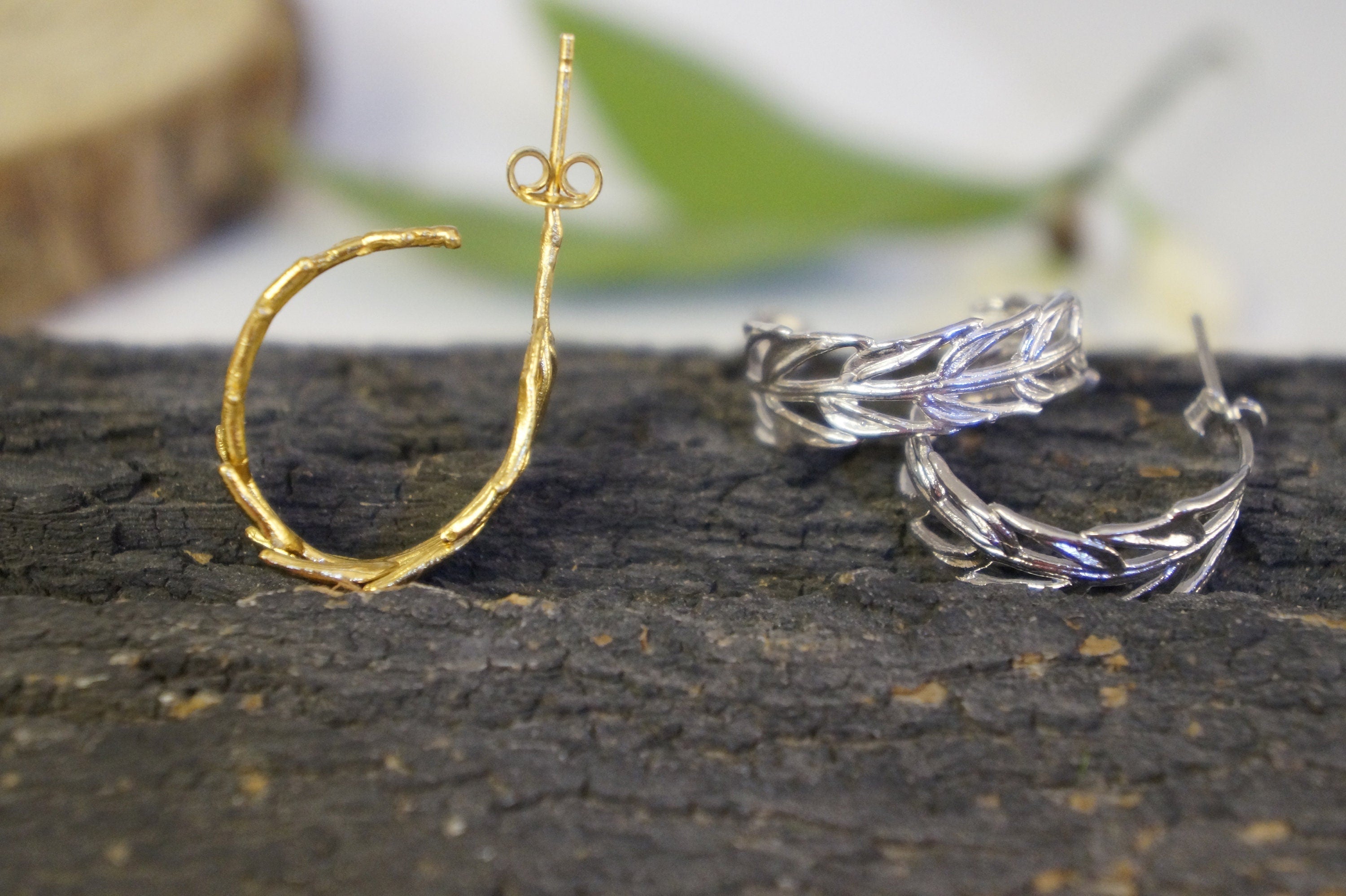 Gold Hoop Earrings – 14K Gold Plated Hoops with Real Leaf Botanical
